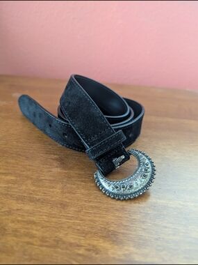 Sezane Black Suede Belt with Ornate Crescent Buckle
